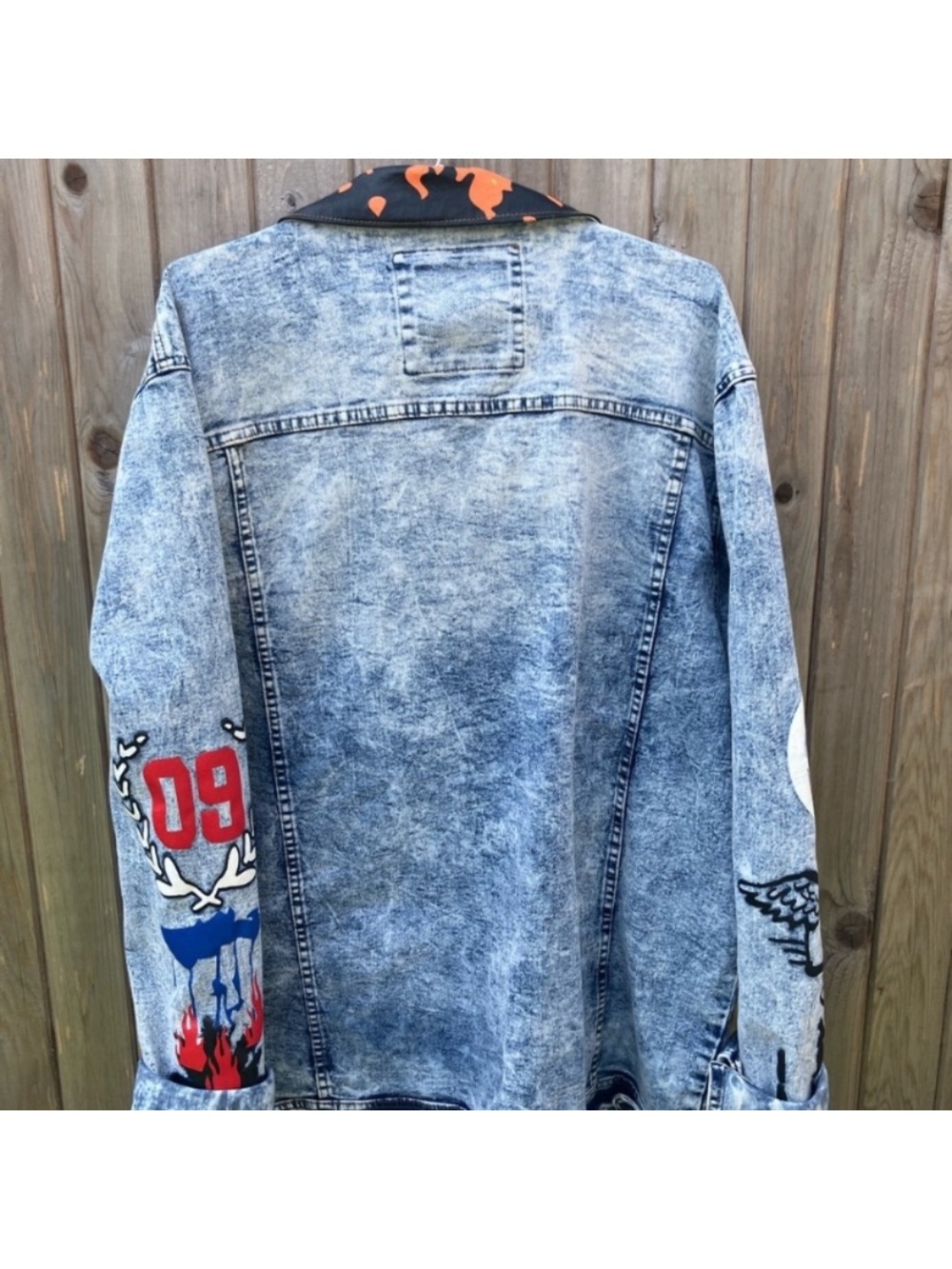 Men's Blue Graphic Denim Jacket with Red Flame Accents - Picture 4 of 10